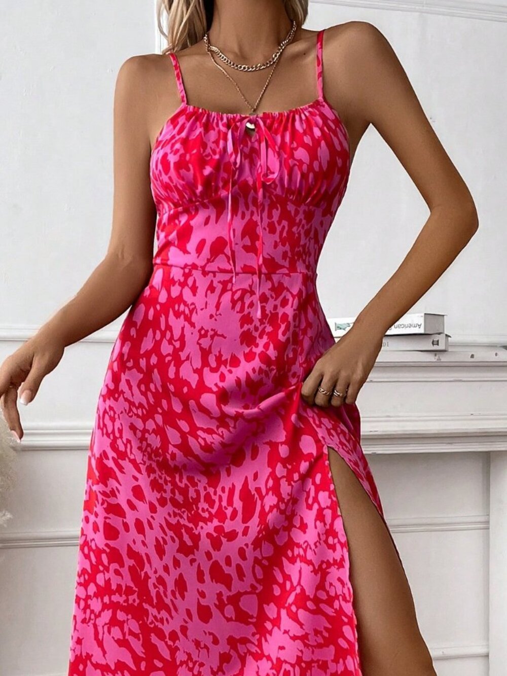 Multicolor Casual Women's Allover Print Tie Front Split Thigh Cami Dress - Picture 4 of 6